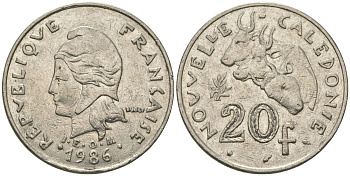 Французская Новая Каледония 20 франков 1986 три быка, (IEOM) KM 12, Schoen 14, Lec 112 никель 71-1434
