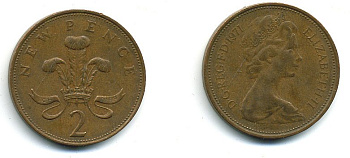 Великобритания 2 пенса 1971 Елизавета II (1952-2022) КМ 916, Spink 4235 (C1) бронза 4110-654