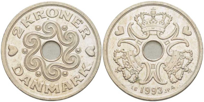 Дания 2 кроны 1993 LG; JP; A, Маргрете II (1972- ) KM 874.1 медно-никель 67-642