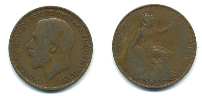 Великобритания 1 пенни 1921 Георг V (1910-1936) КМ 810, Spink 4051 бронза 4110-233