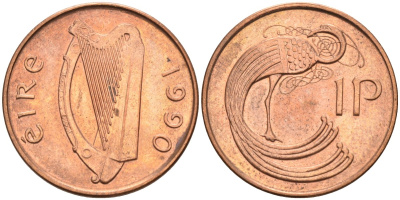 Ирландия 1 пенни 1990 мифологическая птица лира KM 20а сталь плакированная медью BUNC 4582-144