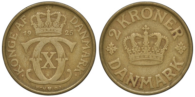 Дания 2 кроны 1925 HCN, GJ, Кристиан X (1912-1947) KM 825.1 алюминиевая бронза 4112-111