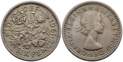 Великобритания 6 пенсов 1961 Елизавета II (1952-2022) KM 903, Spink 4149 медно-никель 75-826