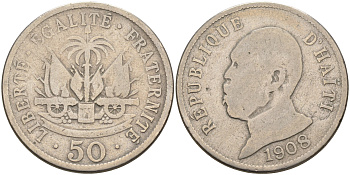 Гаити 50 сантимов 1908 Президент Пьер Нор Алексис KM 56 медно-никель 4565-812