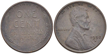 США 1 ЦЕНТ 1952 D, ЛИНКОЛЬН KM А132 медь цинк 218-962