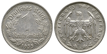 ГЕРМАНИЯ 1 РЕЙХСМАРКА 1935 А KM 78, J. 354 никель 4380-524