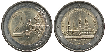 Латвия 2 евро 2014 Рига, культурная столица европы KM 158 биметалл 179-842