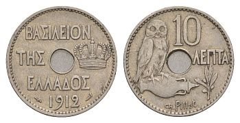 Греция 10 лепт 1912 Георг I (1863-1913), сова KM 63 никель 4655-337