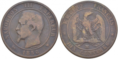 Франция 10 сантимов 1856 MA, Наполеон III (1852-1870) KM 771.6, Le Franc 133.27 бронза 114-1226