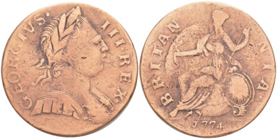 Великобритания 1/2 пенни 1774 Георг III (1760-1820) Spink 3774, KM 601 медь 4403-713