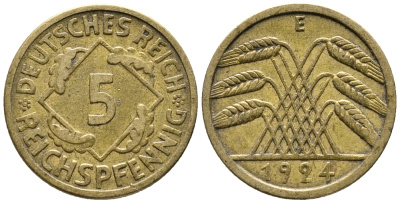 ГЕРМАНИЯ 5 РЕЙХСПФЕННИГОВ 1924 E KM 39, J. 316 алюминиевая бронза 39-533