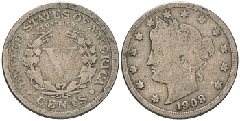 США 5 центов 1908 голова свободы KM 112 медно-никель 3336-223