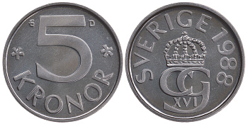 Швеция 5 крон 1988 D, Карл XVI Густав (1973- ) KM 853 медно-никель PROOFLIKE 3897-1111