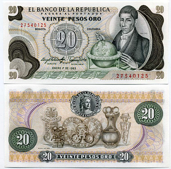 Колумбия 20 песо 1983 Франсиско Хосе де Кальдас, музей золота Pick 409d бумага UNC (пресс) 447-45-1