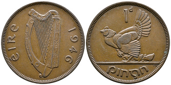 ИРЛАНДИЯ 1 ПЕННИ 1946 КУРИЦА С ЦЫПЛЯТАМИ KM 11 бронза 4110-316