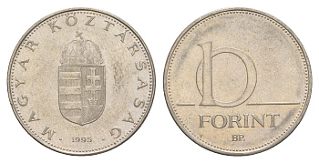 Венгрия 10 форинтов 1995 KM 695 латунь плакированная медно-никелем 4519-1051
