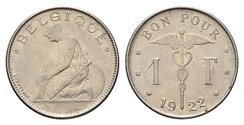Бельгия 1 франк 1922 Belgique, Альберт I (1910-1934) KM 89 никель 3996-646