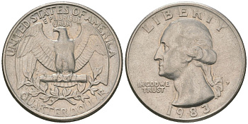 США 25 центов = квотер 1983 P, Вашингтон KM 164a медь плакированная медно-никелем 4595-254