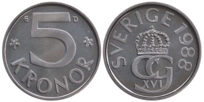 Швеция 5 крон 1988 D, Карл XVI Густав (1973- ) KM 853 медно-никель PROOFLIKE 3897-1111