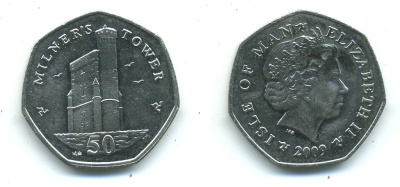 ОСТРОВ МЭН 50 ПЕНСОВ 2009 БАШНЯ МИЛНЕРСА KM 1258 медно-никель UNC 540-323