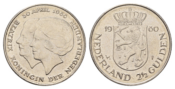 Нидерланды 2 1/2 гульдена 1980 коронация Беатрикс, 30 апреля 1980 KM 201 никель 4683-831