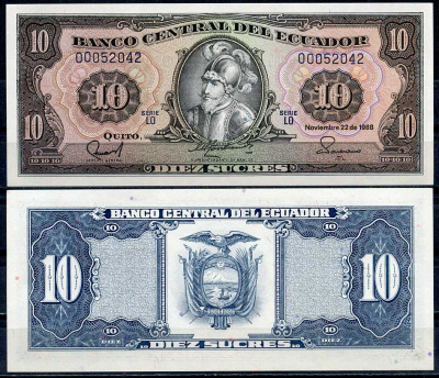 Эквадор 10 сукре 1988 Себастьян де Белалькасар, серия LO Pick 121 (1)  бумага  UNC (пресс) 447-112-3