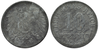 Германия 10 пфеннигов 1921 KM 26, J. 299, Weege 8 цинк 4119-345