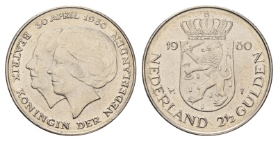Нидерланды 2 1/2 гульдена 1980 коронация Беатрикс, 30 апреля 1980 KM 201 никель 4683-831