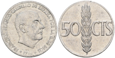 Испания 50 сентимо 1966 (71) Франсиско Франко (1939-1975) KM 795 алюминий 4388-357