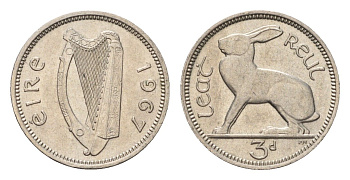Ирландия 3 пенса 1967 заяц KM 12a медно-никель aUNC 4696-468