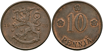 Финляндия 10 пенни 1920 республика (1918-1962) KM 24 медь 08-1056
