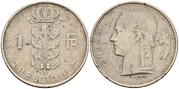 Бельгия 1 франк 1955 Belgique KM 142.1 медно-никель    4161-1227
