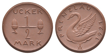 Пренцлау 1/2 марки 1921 Men05 20898.3, Men22.2 26136.3, Scheuch 219a фарфор 1094-10-33