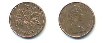 Канада 1 цент 1978 Елизавета II (1952-2022), кленовый лист KM 59.1 бронза 177-1353