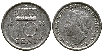 Нидерланды 10 центов 1948 Вильгельмина (1895-1948) KM 177 никель 261-624
