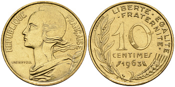 Франция 10 сантимов 1963 тип Марианна KM 929 медь алюминий никель    4152-1228