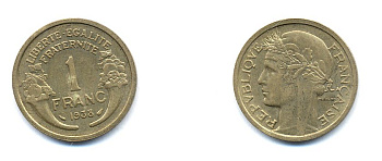 ФРАНЦИЯ 1 ФРАНК 1938 ТИП MORLON KM 885, LE FRANC 219.9 алюминиевая бронза 4379-1346