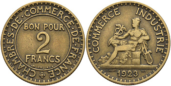 Франция 2 франка 1923 Третья республика (1871-1940) KM 877, Le Franc 267.7 алюминиевая бронза 4144-321