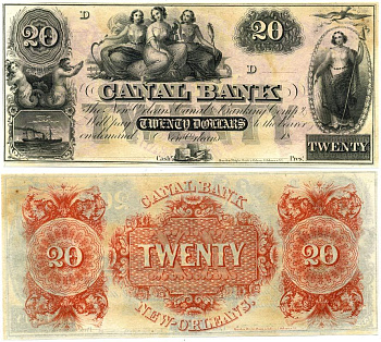 КОНФЕДЕРАТИВНЫЕ ШТАТЫ АМЕРИКИ 20 ДОЛЛАРОВ 18-- ШТАТ НОВЫЙ ОРЛЕАН, CANAL BANK, КОПИЯ , ЭМИТАЦИЯ бумага 7523-25-1