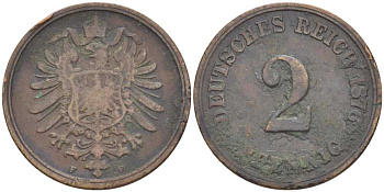 ГЕРМАНИЯ 2 ПФЕННИГА 1876 F, СТАРОГЕРБОВКА KM 2, J. 2 медь 175-242