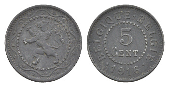 Бельгия 5 сантимов 1916 германская оккупация первая мировая война, Альберт I (1910-1934) KM 80 цинк 4169-133