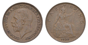 Великобритания 1 фартинг 1929 Георг V (1910-1936) KM 825, Spink 4061 бронза 3851-1025