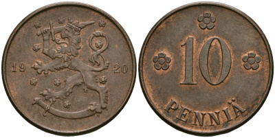 Финляндия 10 пенни 1920 республика (1918-1962) KM 24 медь 08-1056