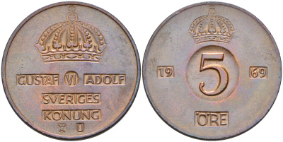 Швеция 5 эре 1969 U Густав VI Адольф (1950-1973) KM 822 бронза 4595-1026