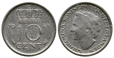 Нидерланды 10 центов 1948 Вильгельмина (1895-1948) KM 177 никель 261-624