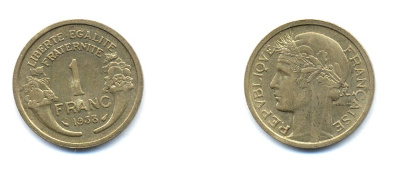 ФРАНЦИЯ 1 ФРАНК 1938 ТИП MORLON KM 885, LE FRANC 219.9 алюминиевая бронза 4379-1346