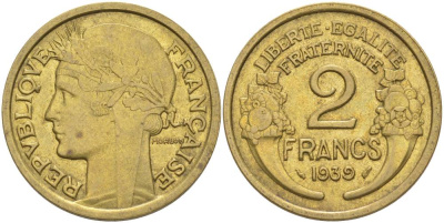ФРАНЦИЯ 2 ФРАНКА 1939 ТИП MORLON KM 886, LE FRANC 268.12 алюминиевая бронза 3855-141