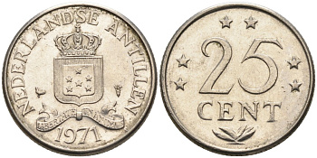 Нидерландские Антилы 25 центов 1971 Юлиана (1948-1980) KM 11 никель 4564-466