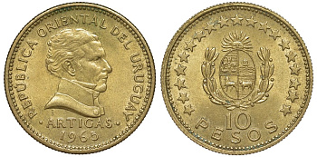 Уругвай 10 песо 1965 KM 48 алюминиевая бронза 4574-315