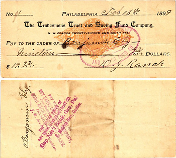 США чек на 19,43 долларов 1899 Филадельфия бумага 3295-55-1-2